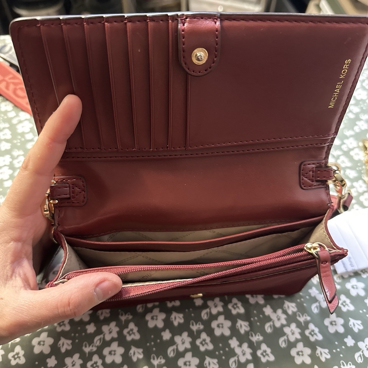 Michael Kors Burgundy Crossbody Wallet on Chain Logo Strap Detachable Snap Zip