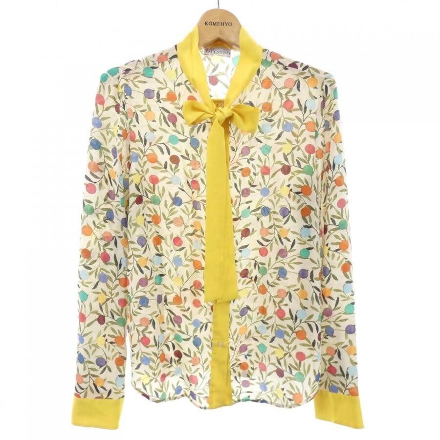 RED Valentino Yellow Floral Silk Sheer Bow Tie Neck Shirt 38 Auth