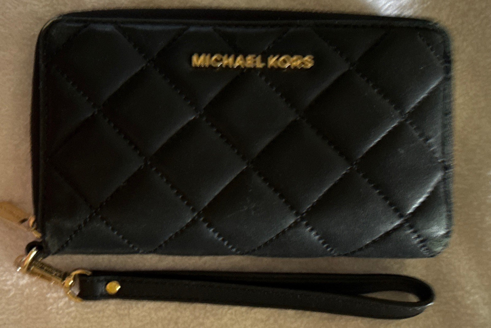 Michael Kors Black Quilted Zip-Around Wristlet Wallet w/ Logo Zipper Strap