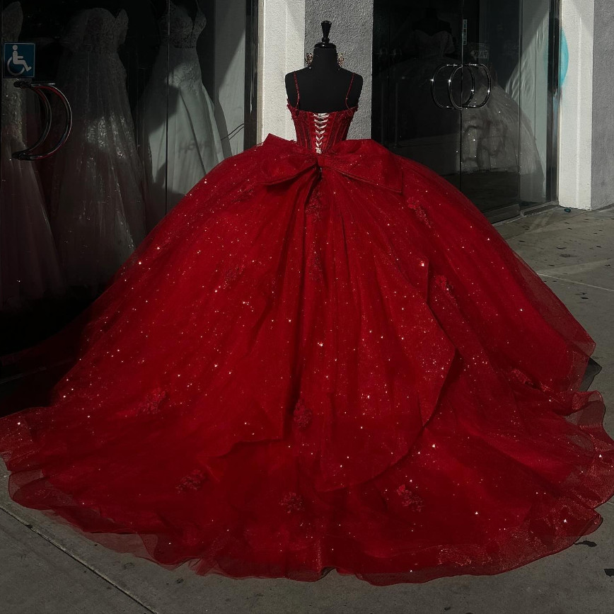 Princess Red Quinceanera Bow Sweet Prom Party Ball Gowns Silver-