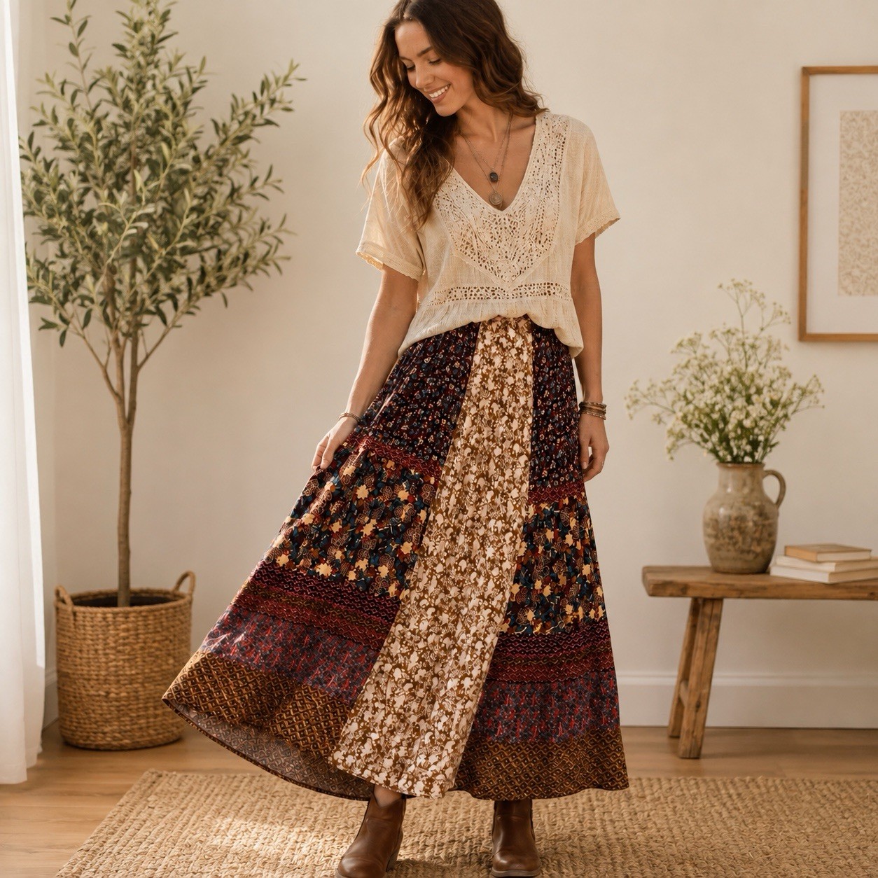 Natural Life Boho Patchwork Maxi Skirt Sz L Boho Festival Peasant Cottagecore