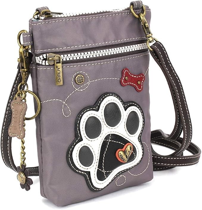 Chala Venture Nylon and Faux Leather RFID Crossbody Purse – Pawprint, Gray NWT