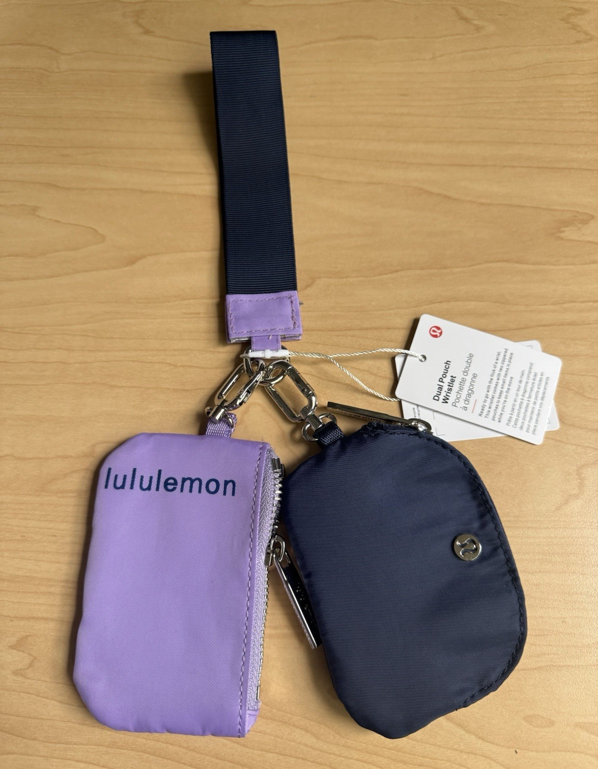 lululemon Double Pouch Wristlet 2 Zip Pouches Detachable Strap Purple Navy