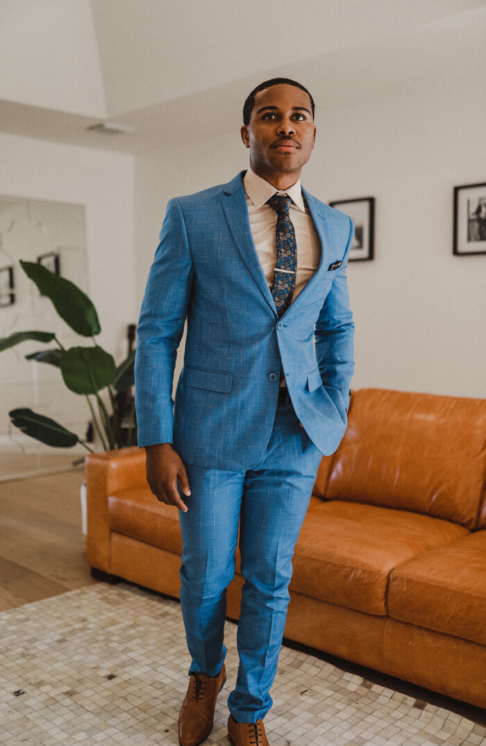 Slim Fit Blue Windowpane 2 Button 3 Piece Vested Notch Lapel Suit By AZARMAN NEW