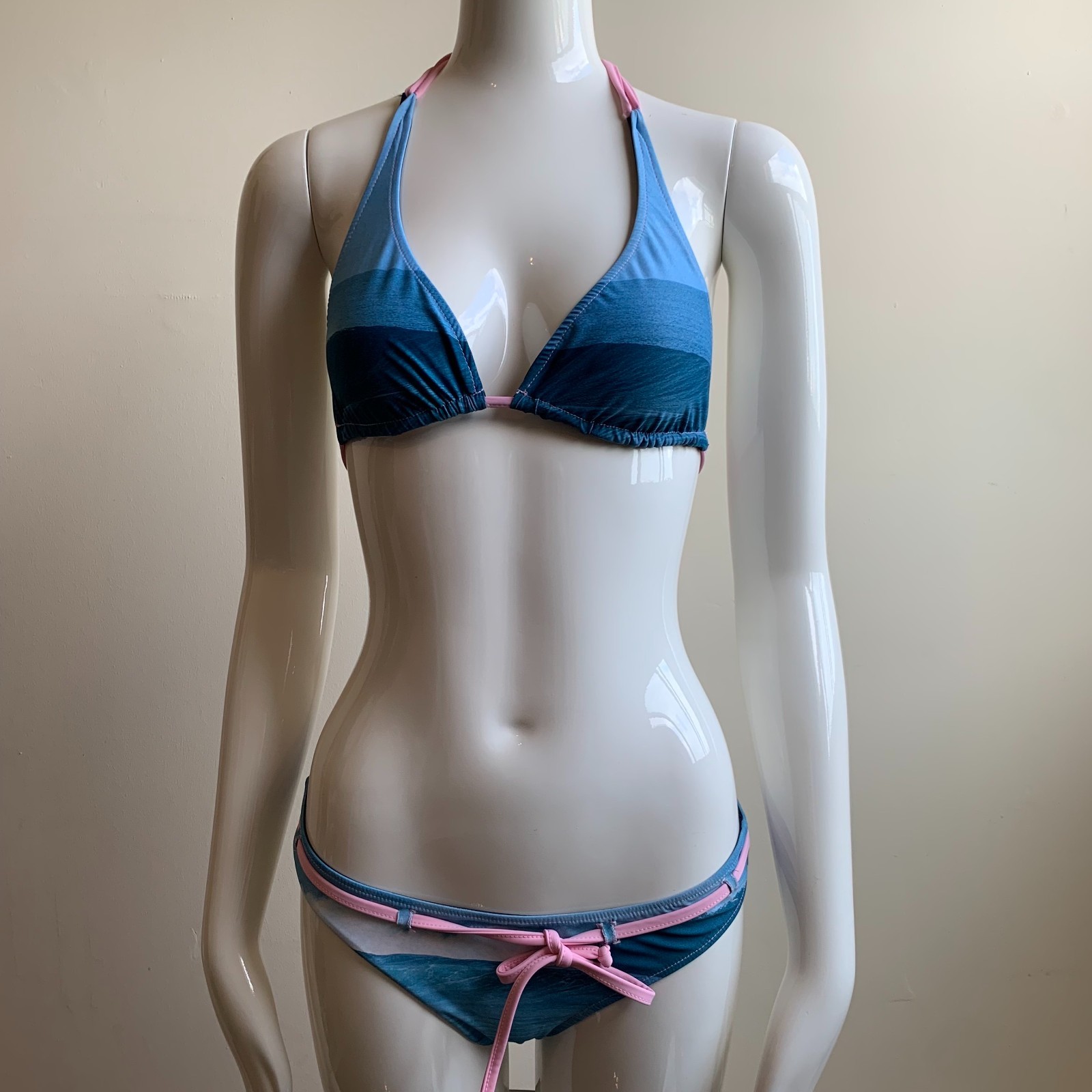 Aaron Chang blue & pink stripe wave reversible scenic photo print belted bikini