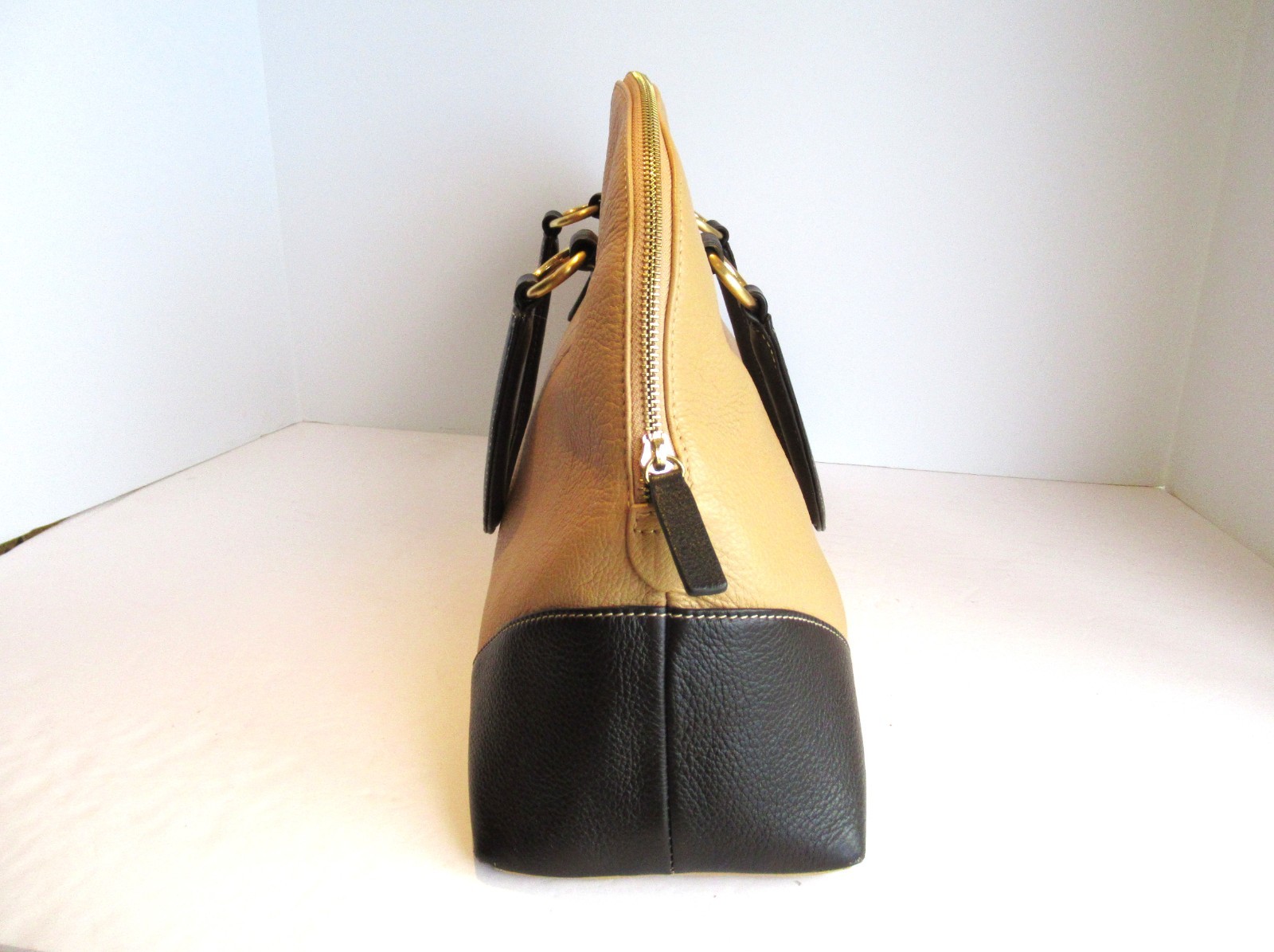 Celsius Large Leather Handbag/Purse Black and Tan Gold Tone Metal Hardware
