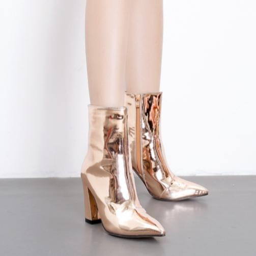 Women Pointed Toe High Heels Patent Leather Chunky heel Bootie Ankle Boots Shoes