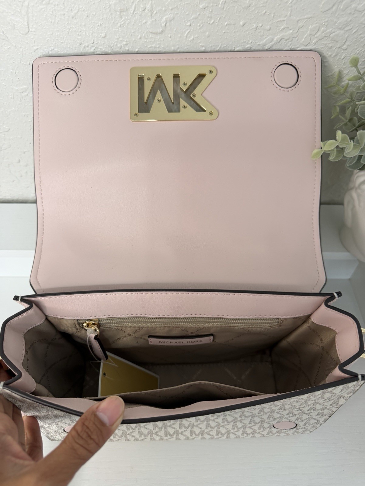 Michael Kors Logo Shoulder Bag Beige/Pink, Gold Hardware, Adjustable Strap