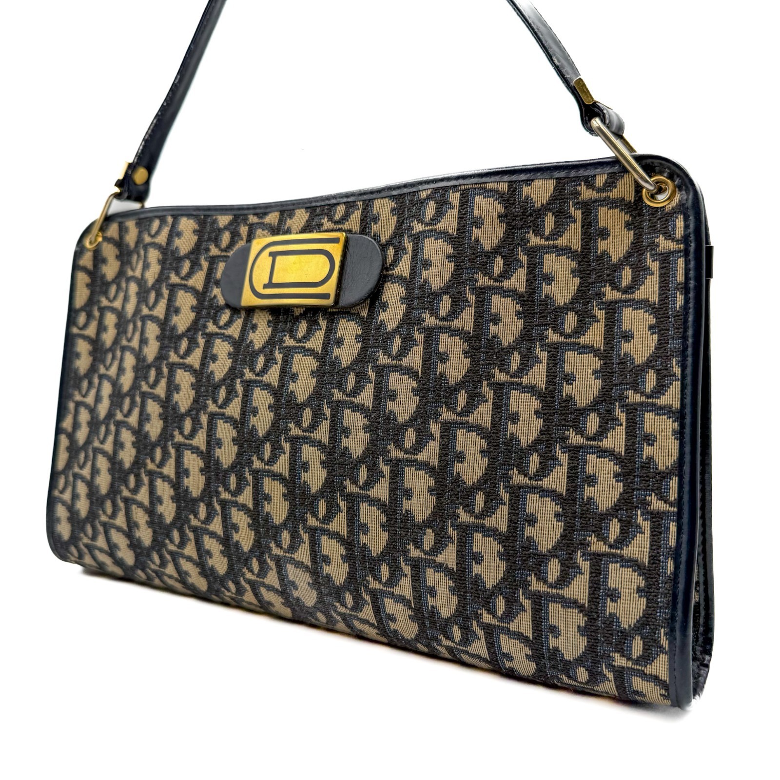 Christian Dior Vintage Trotter Jacquard Canvas Navy Leather Shoulder Bag Auth