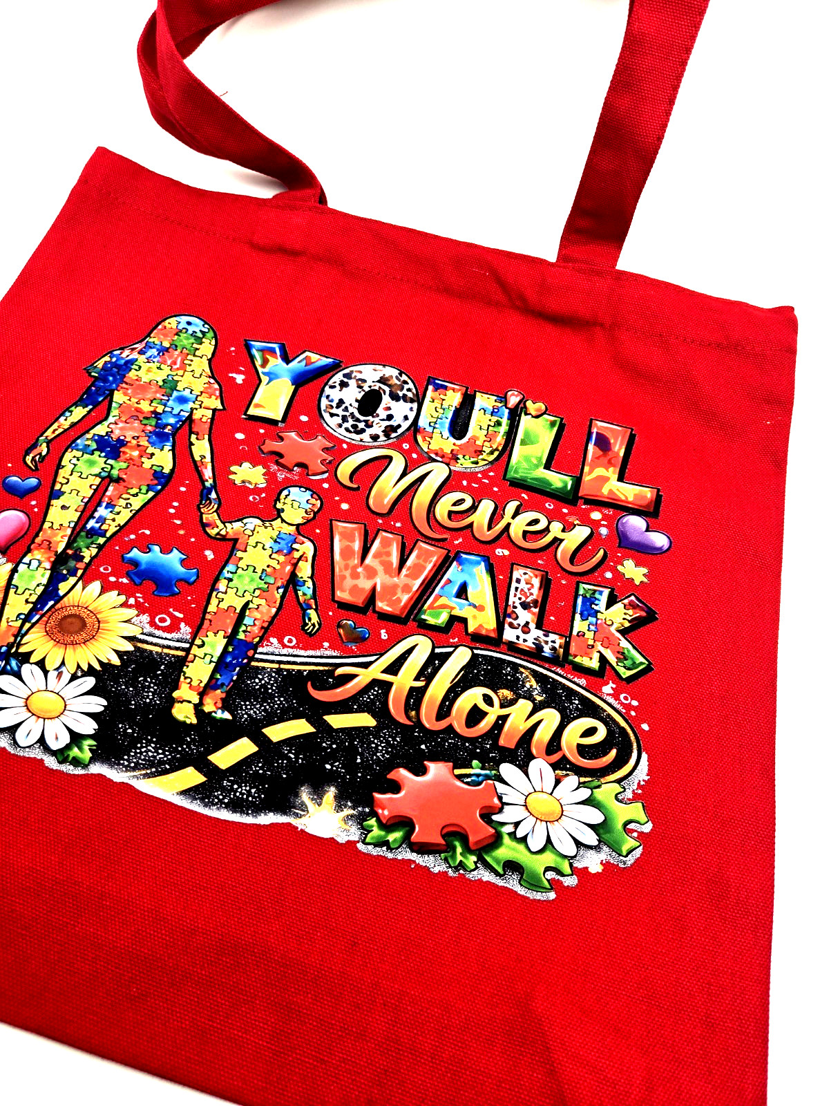 Autism Awareness Tote Bag Red 13.5×13.5in Carry Handle Graphic Canvas