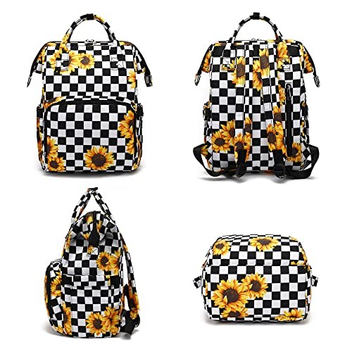 Laptop Backpack for Women, 15.6 inch College School Checkered Sunflower