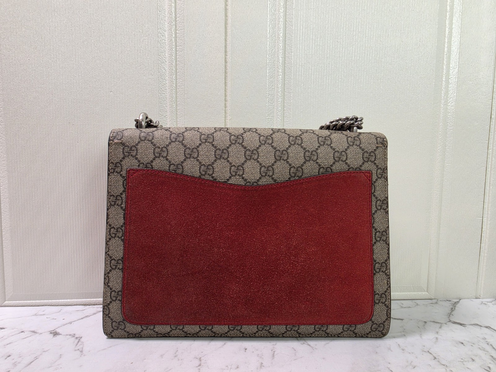 Gucci Dionysus GG Supreme Large Shoulder Bag Beige/Ebony with Red Suede Trim