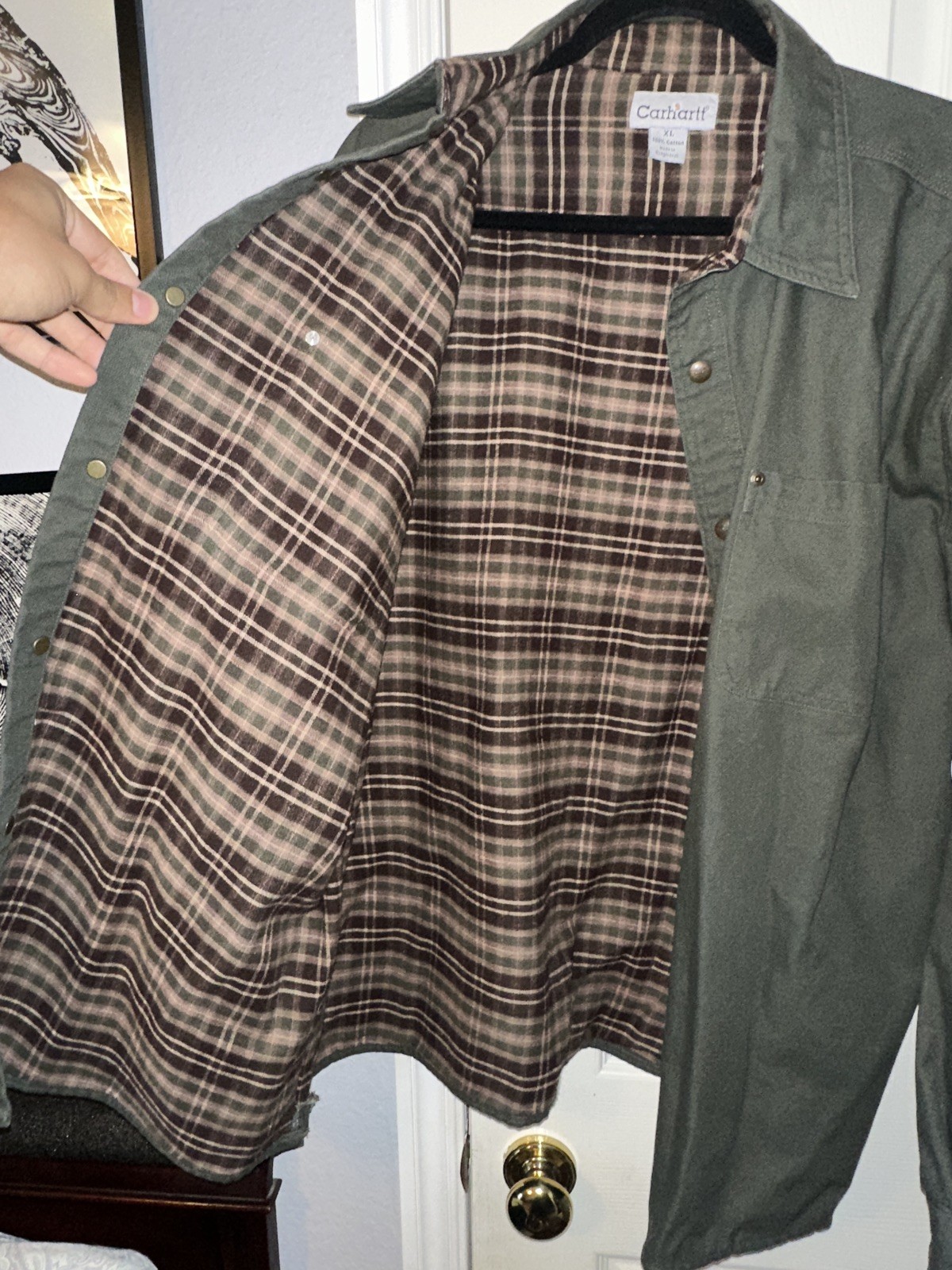 Vintage Carhartt Mens XL Flannel Lined Canvas Shirt Jacket Shacket Green Plaid⁠