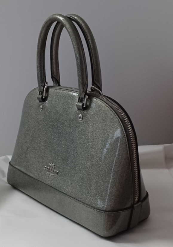 AUTHENTIC COACH MINI SIERRA GLITTER GLOSSY PATENT LEATHER SATCHEL BAG PURSE_GRAY