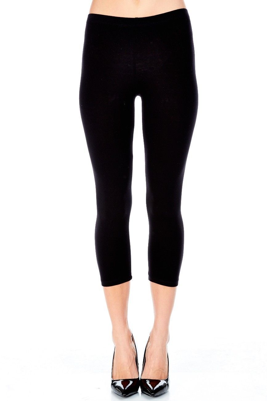 Cotton Spandex Capri Leggings Below Knee Plain Solid Stretchy Capris (S-3X)