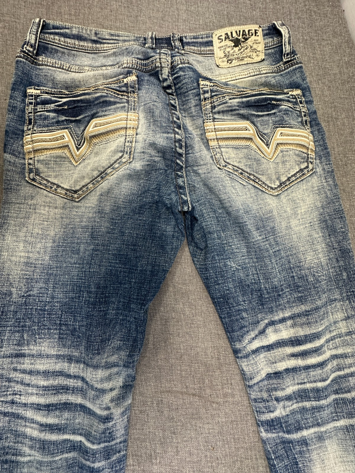 Salvage Supply Havoc Straight Slim Fit Jeans Mens 34×30 Blue Distressed Buckle