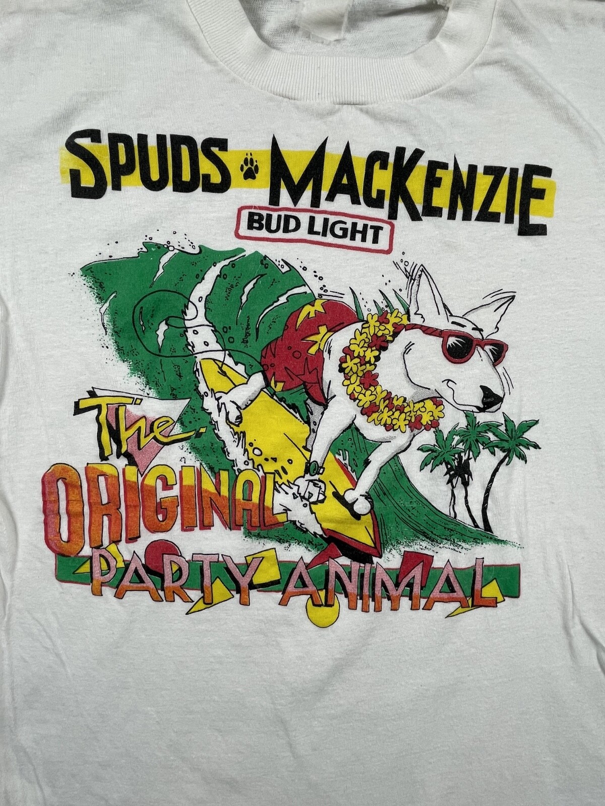 Vintage 1987 Spuds Mackenzie BUD LIGHT Party Animal White Shirt Surf Dog Beer