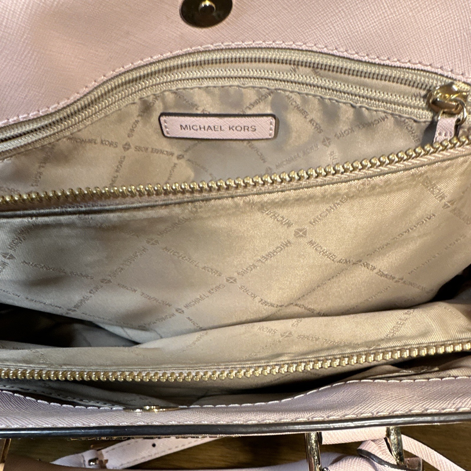 Michael Kors Pink Satchel Top Handle Bag Gold Hardware Zip, Detachable Strap