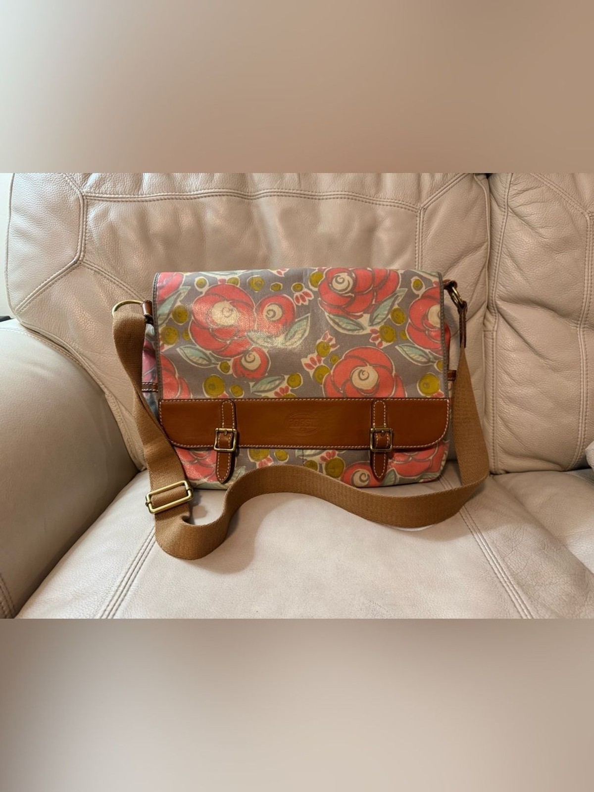 Fossil Messenger Bag Crossbody Coated Canvas Leather Trim Floral