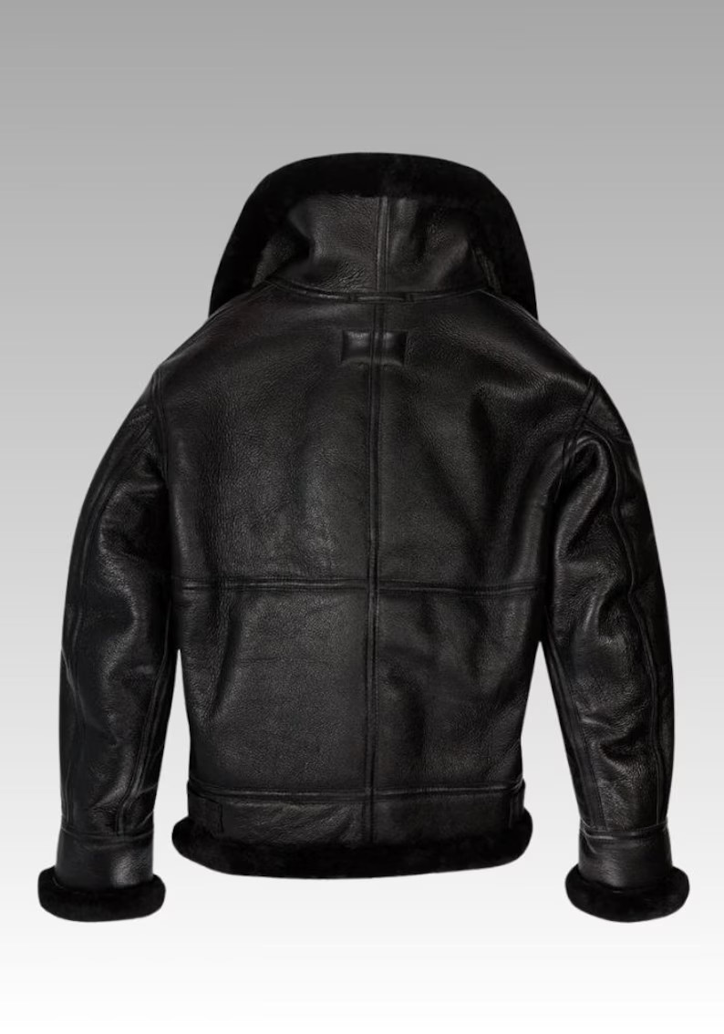 Sheepskin B-3 Leather Jacket, Authentic Black Nappa Leather Aviator Bomber Coat