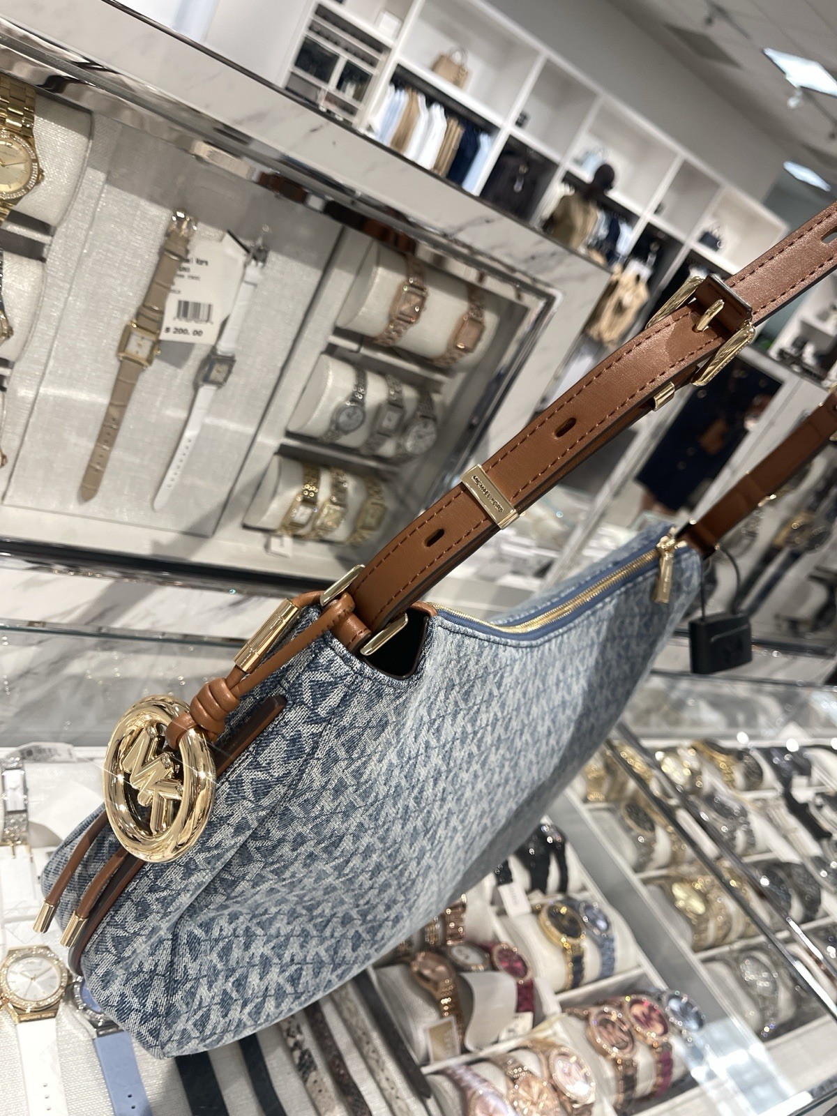 MICHAEL KORS Nolita Medium Signature Logo Print Denim Convertible Should NWT