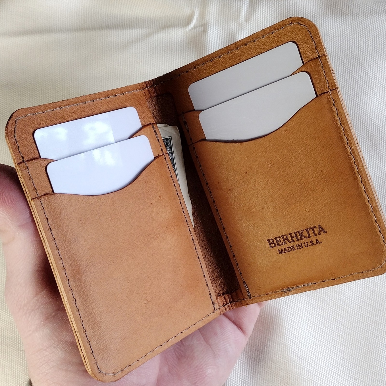 handmade 100% real leather wallet aged natural veg tan vertical bifold