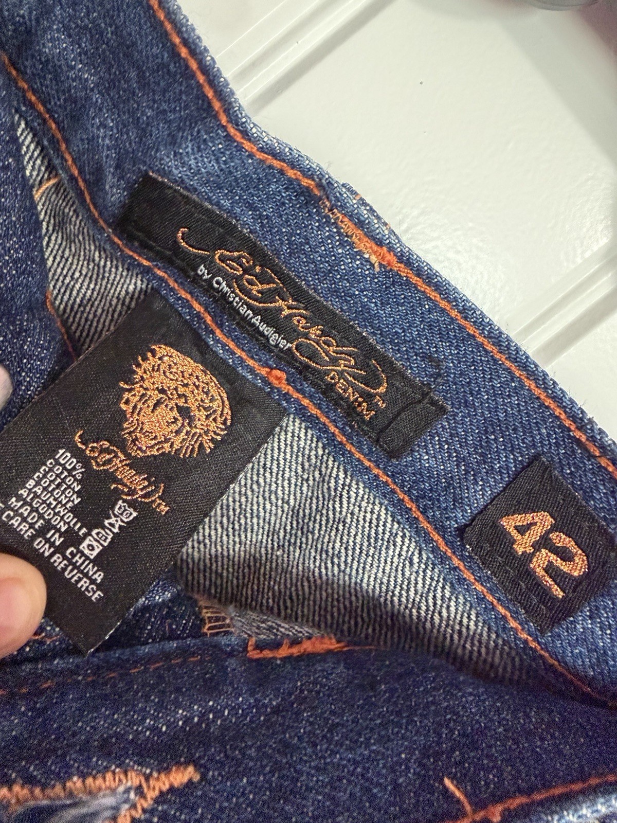 Ed Hardy Men’s Blue Dark Wash Straight Denim Jeans Embroidered Skull Distressed