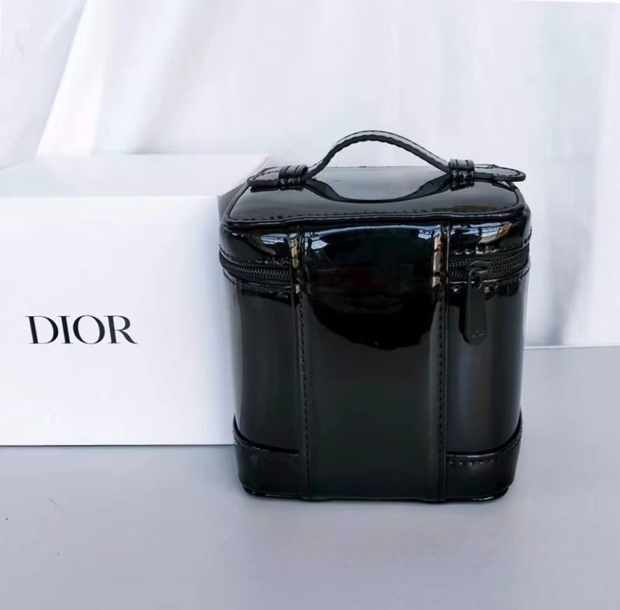Black Patent Faux Leather Embossed CD Logo Mini Vanity Makeup Bag Beauty GWP