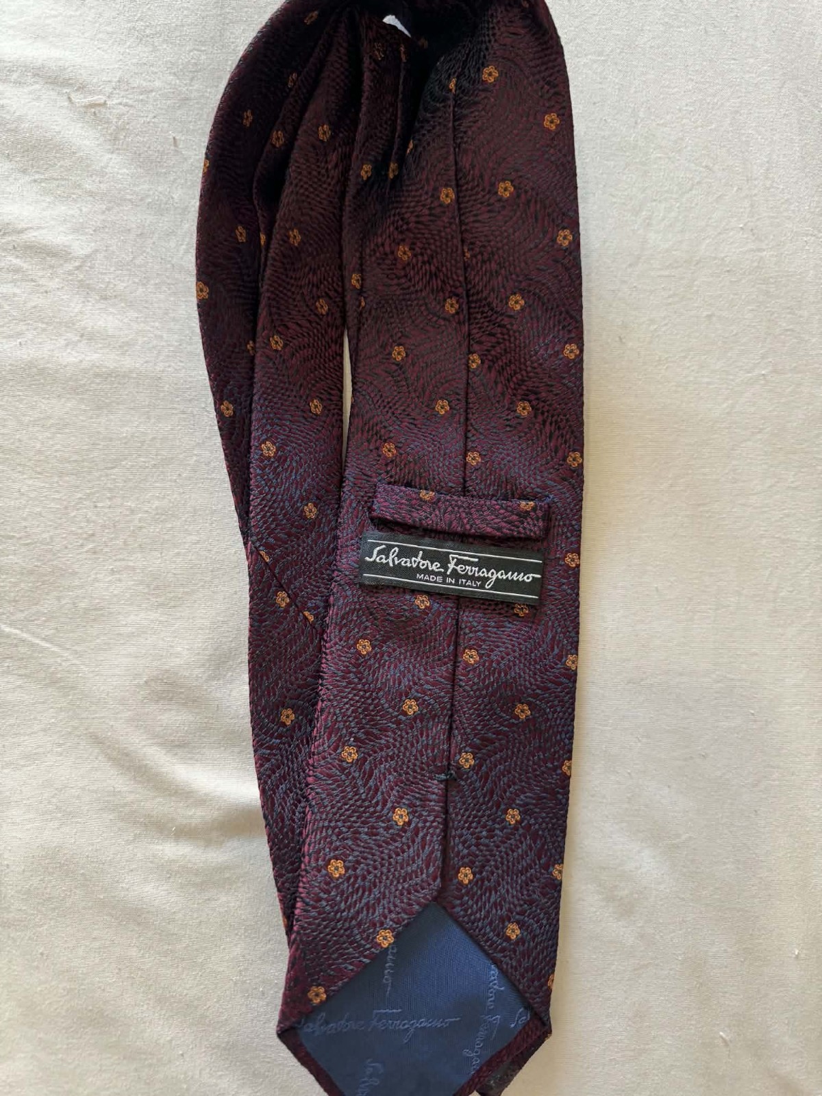 Salvatore Ferragamo Burgundy/Gold Geometric Woven Silk Logo Tie Italy