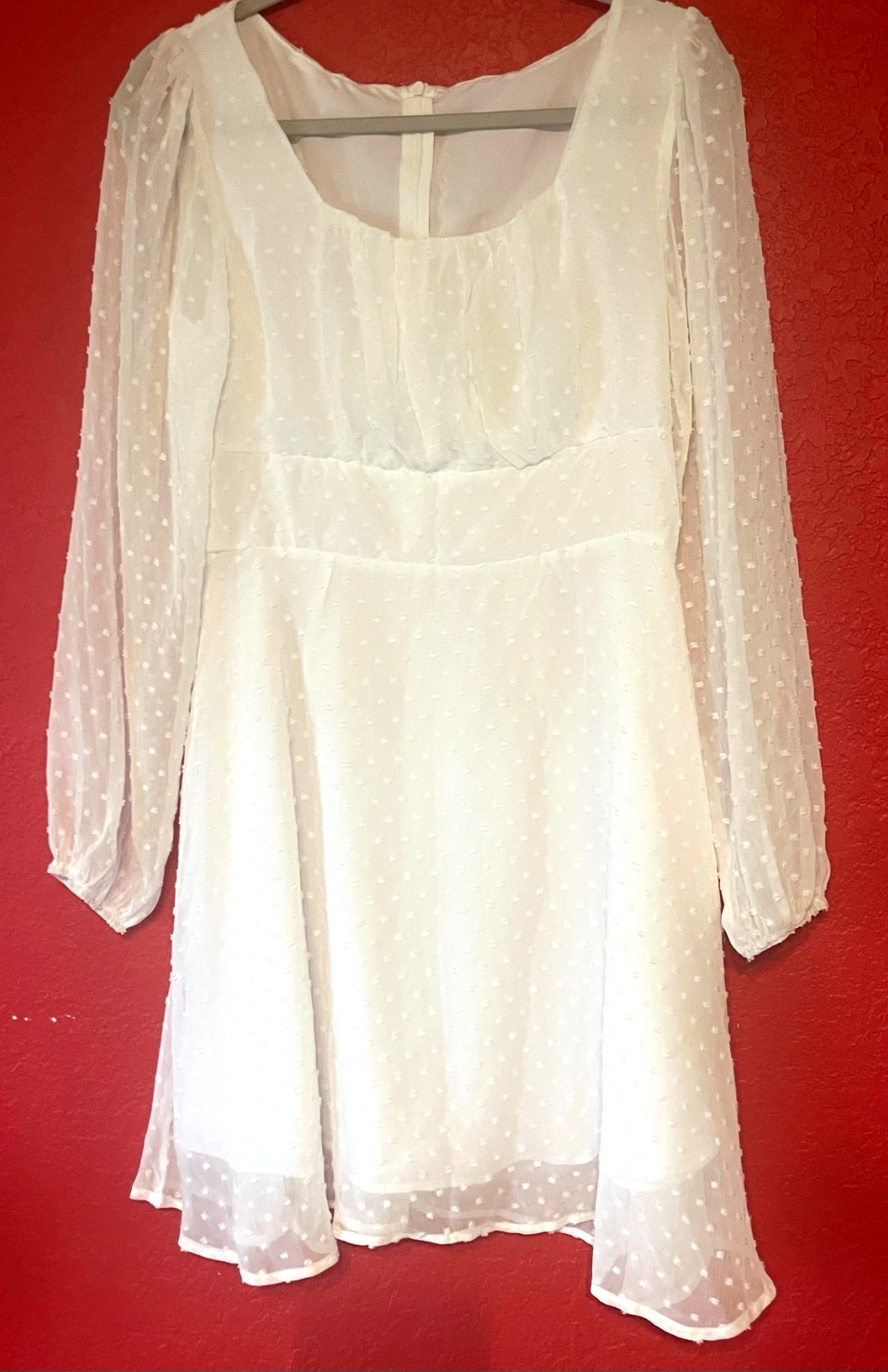LYANER White DOTTED SWISS Polyester EMPIRE WAIST LONG SLEEVES BABY DOLL DRESS M!