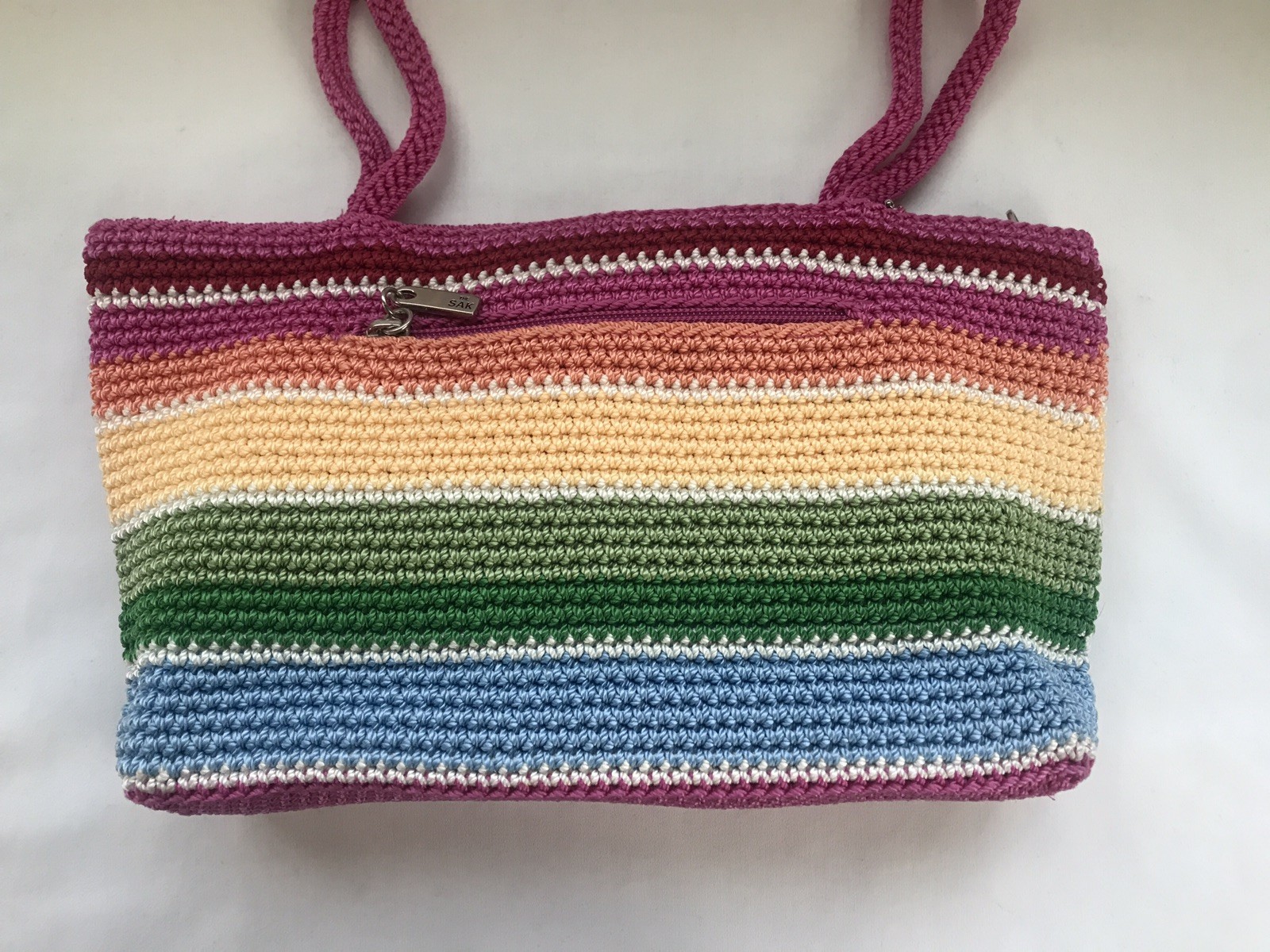 The SAK Crocheted Pink/Multicolor Rainbow Stripe Purse Handbag -New without Tags