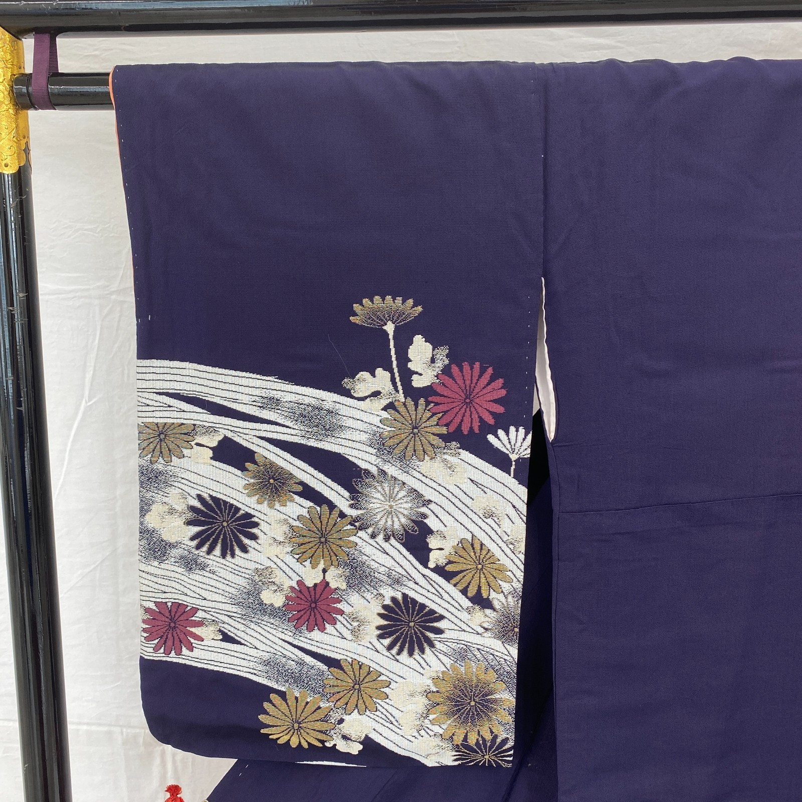 Japanese Vintage Kimono Polyester Navy Komon Traditional Authentic Length 58in