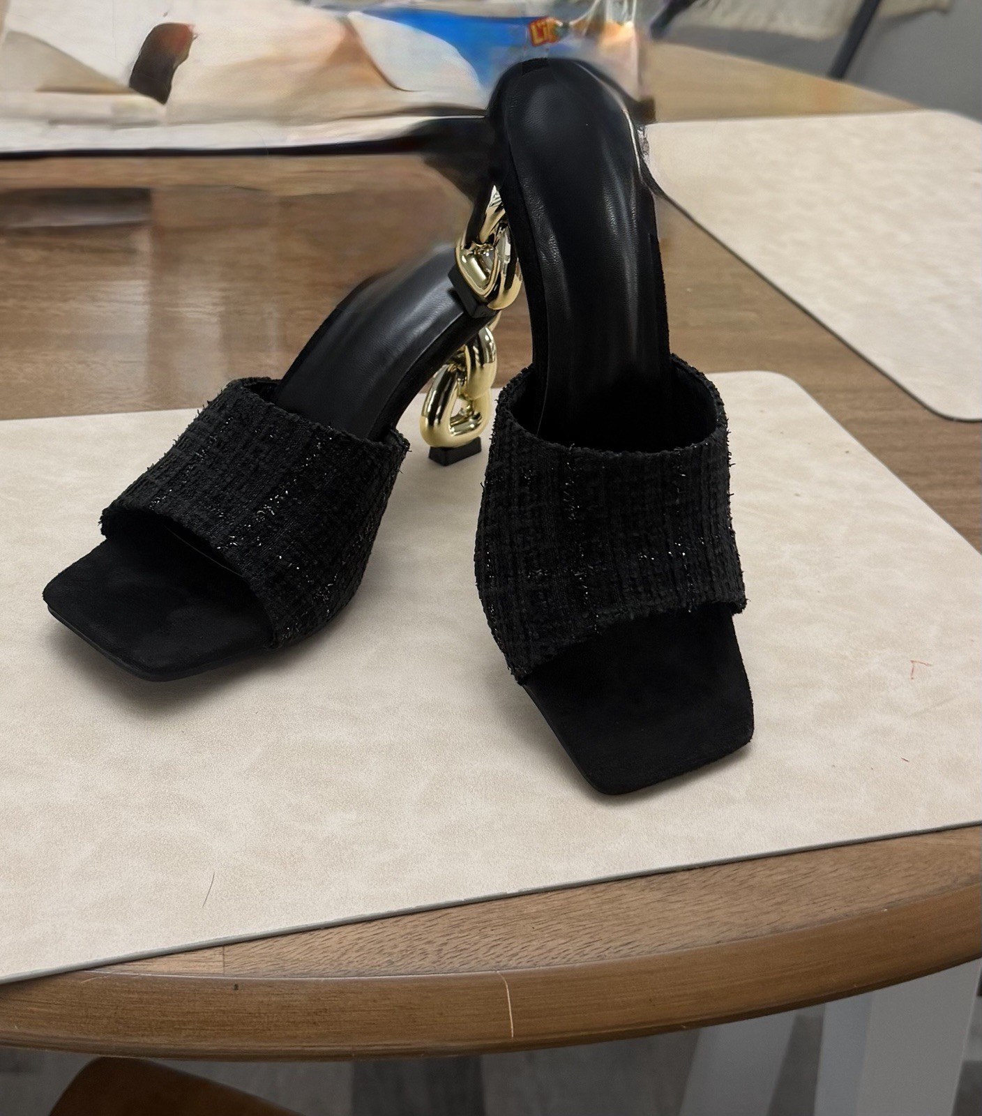 Women’s Black Slide Mule Sandals Gold Chain Accent Synthetic Upper EU 37