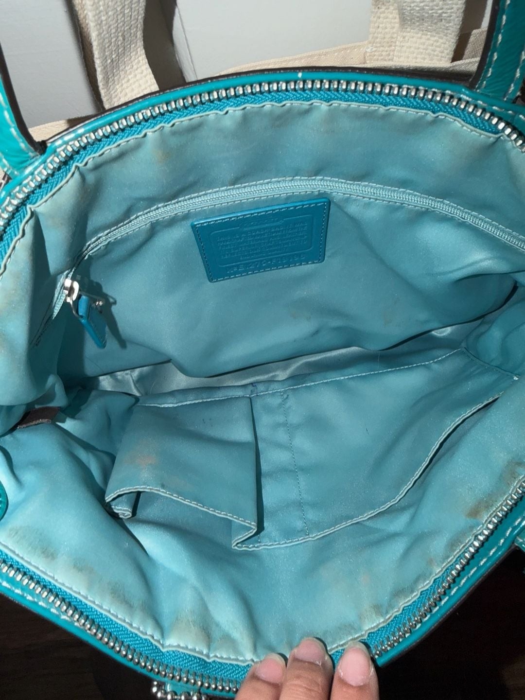 Coach Signature Gallery Stitched Patent Leather Tote Bag Teal F19198