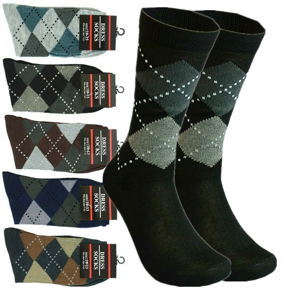 3-12 Pairs Mens Multi-Color Argyle Diamond Cotton Casual Dress Socks Size 10-13