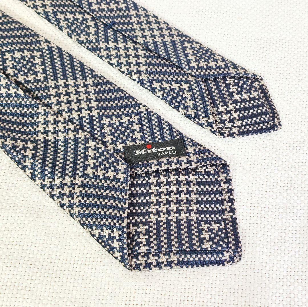 Kiton Sette Pieghe Check Navy Silk Necktie Very Good 8.3cm