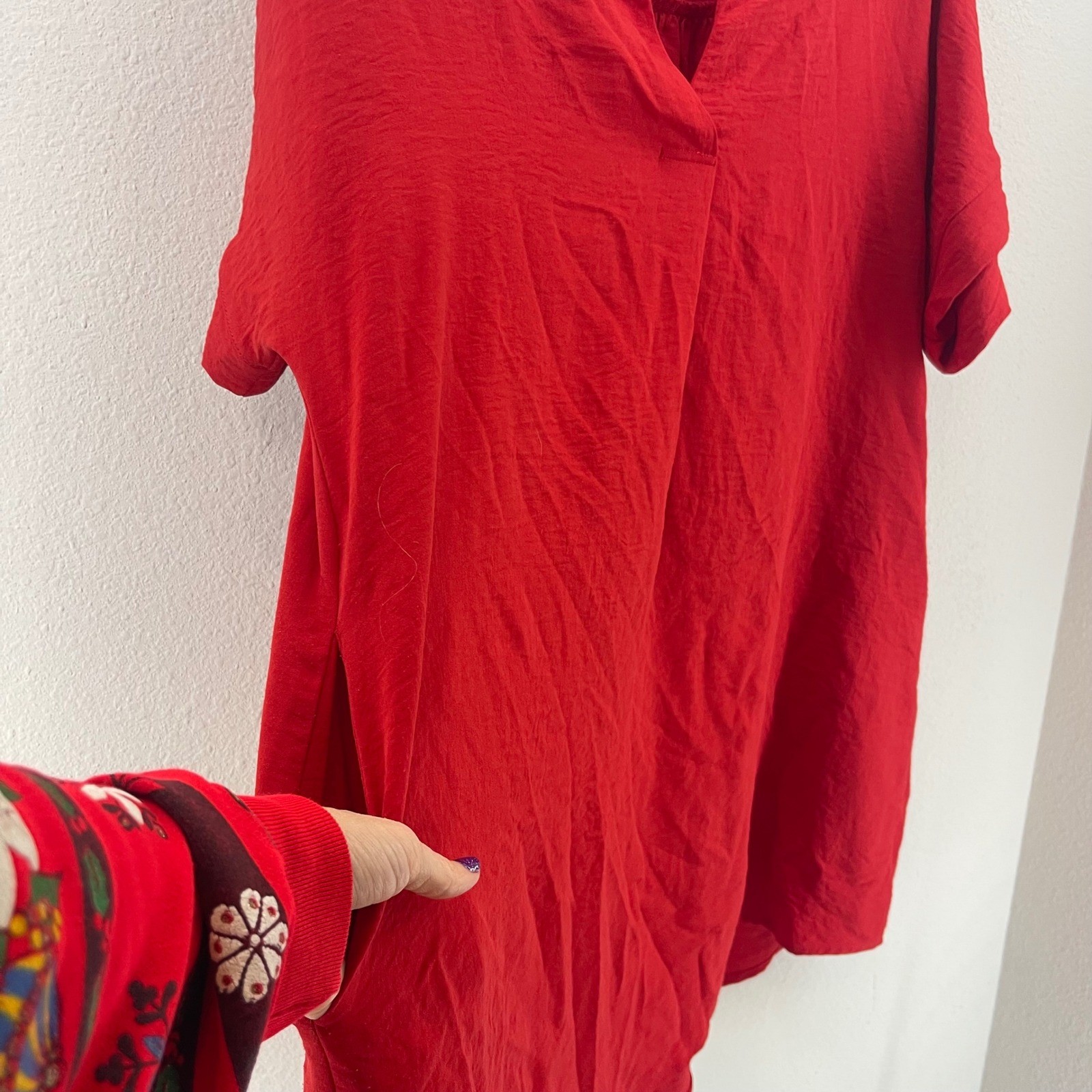 Shift Shirt Dress Womens M Collared Short Sleeve V Neck Casual Pockets Midi