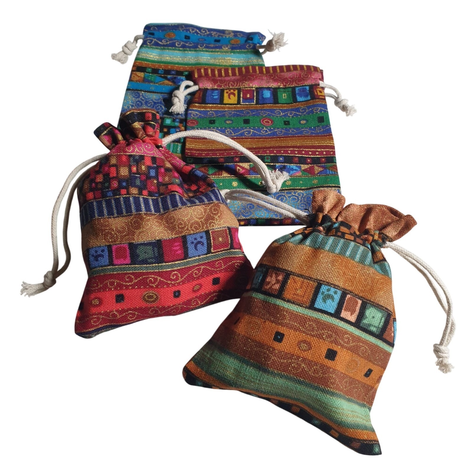 Decorative Drawstring Pouch Set Multicolor Woven Fabric Boho Assorted Patterns