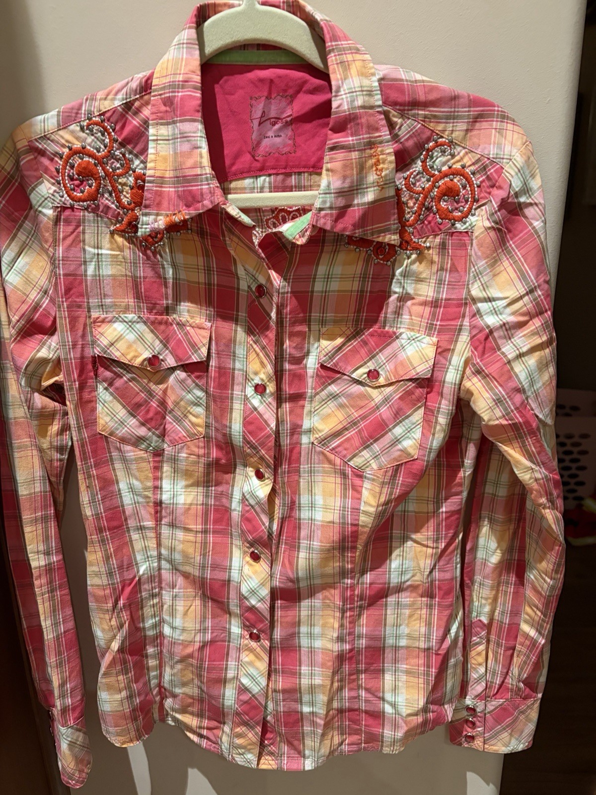 Vigoss Pink Plaid Embroidered Beaded Collared Long Sleeve cowgirl Shirt XL