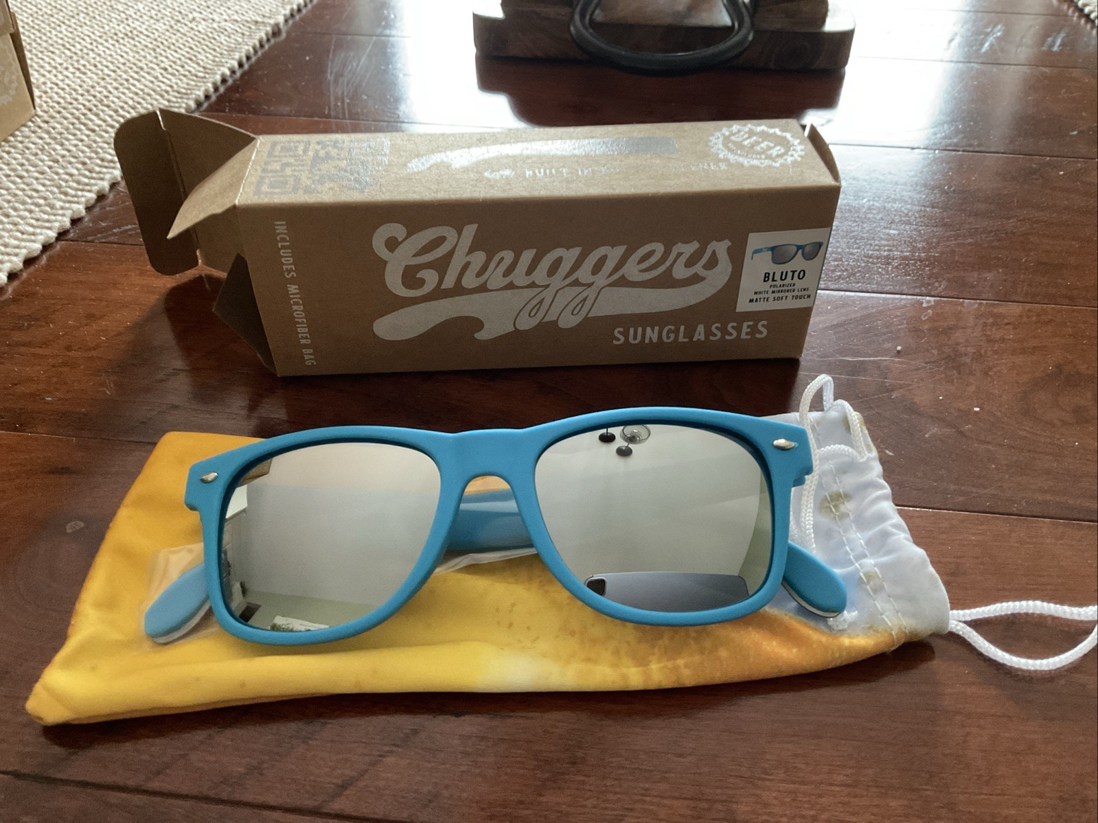 Chuggers Neon Blue Polarized Sunglasses with Built in Bottle Opener and Bag