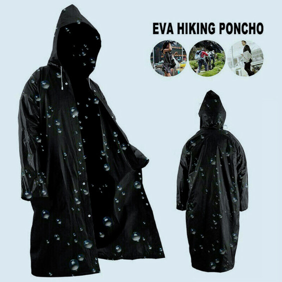Men Black Waterproof Long Raincoat Rain Coat Hooded Trench Jacket Outdoor Hiking
