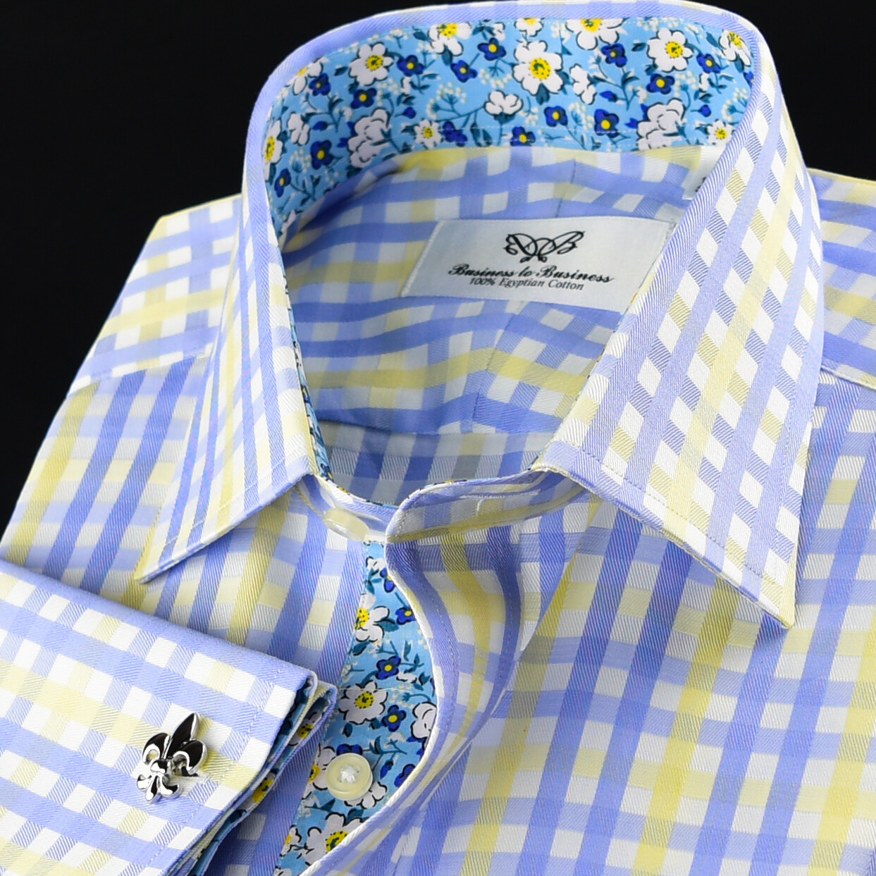Mens Blue & Yellow Check Formal Business Dress Shirt Italian Floral Daisy Inner