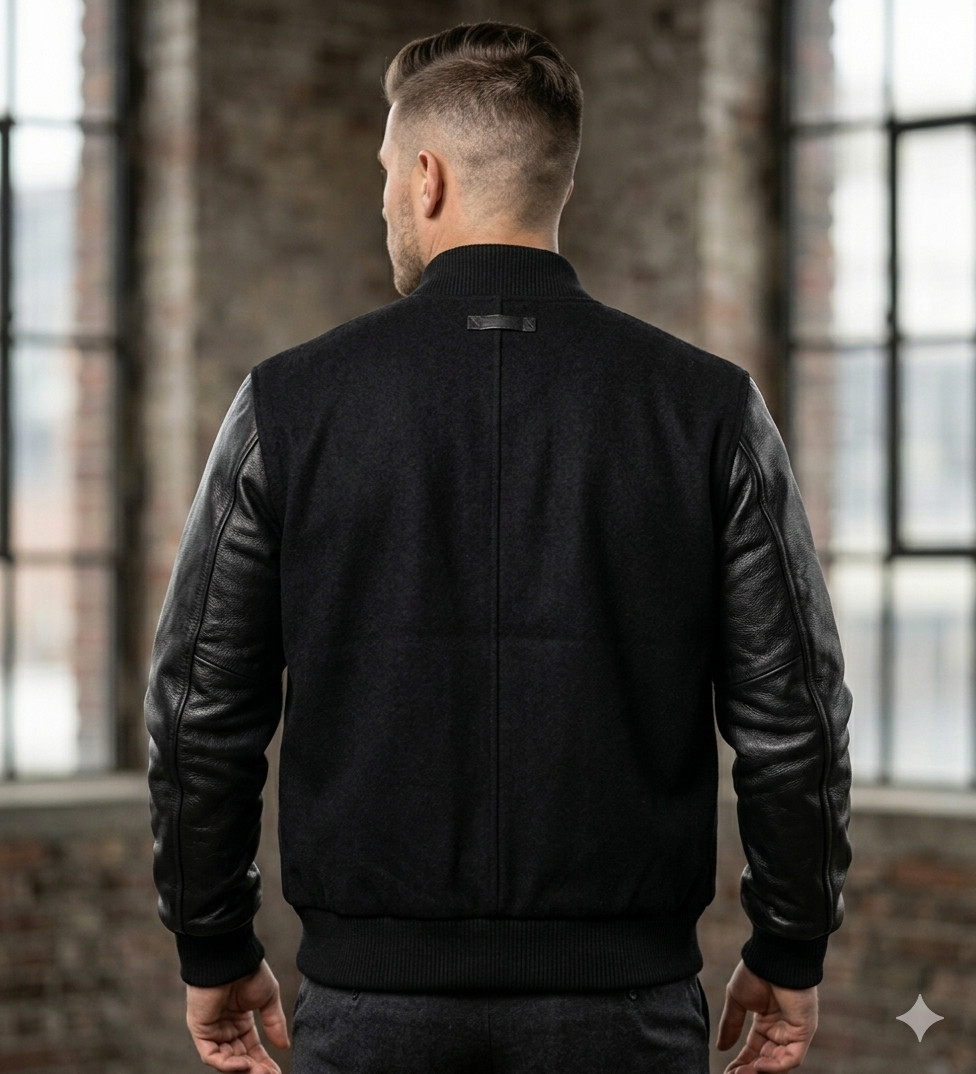 Classic Black Varsity Jacket Men’s Leather Sleeves