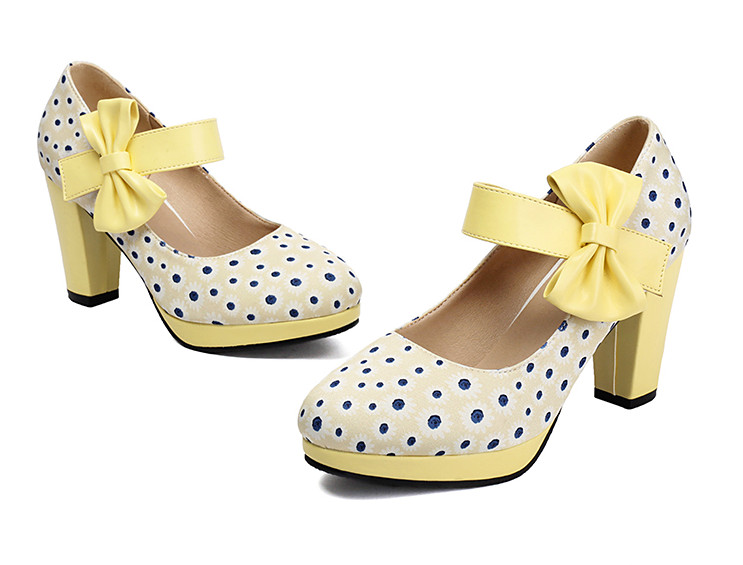 Women’s Bowknot Polka Dot Mary Jane Sweet Dress Party Casual High Heels OL Shoes