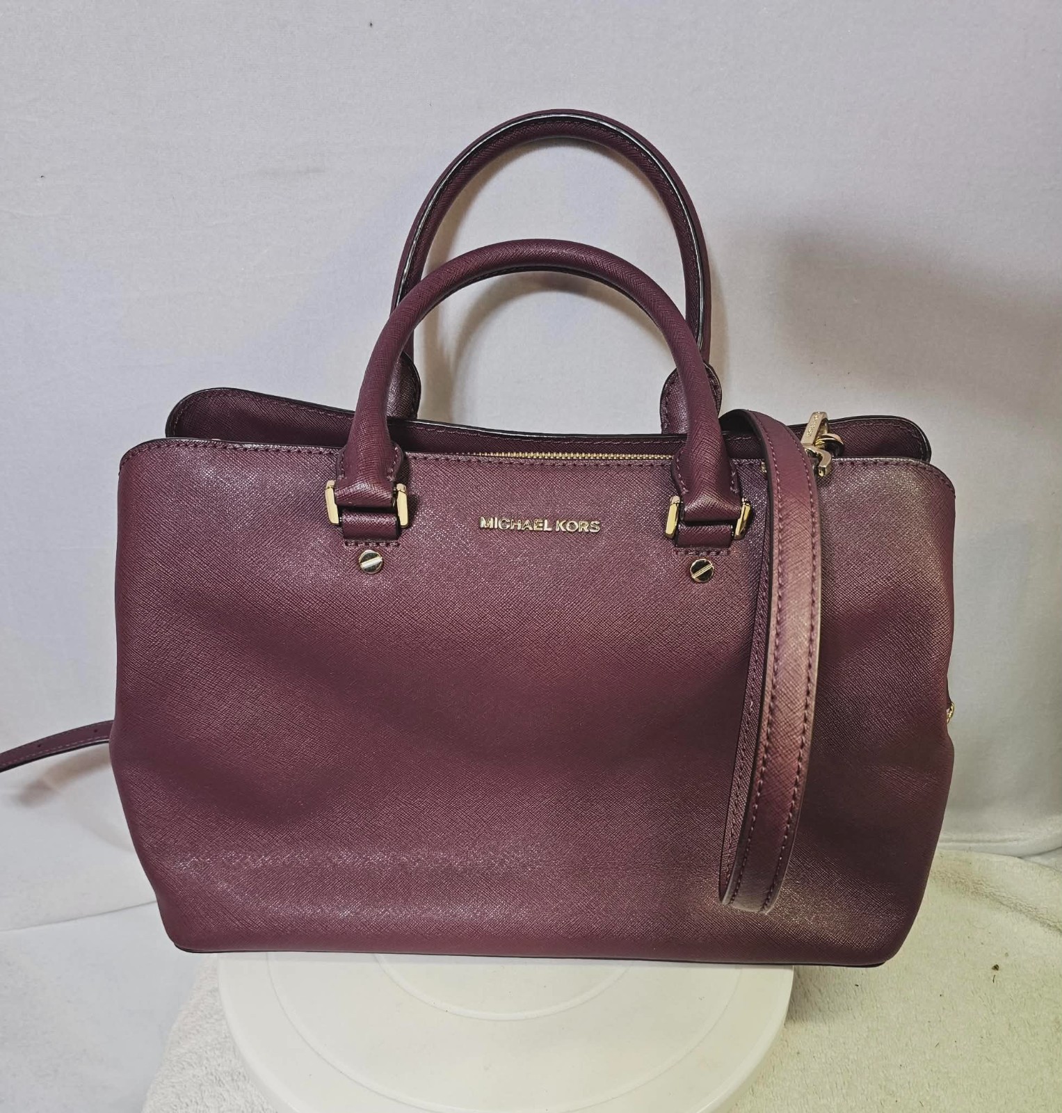 Michael Kors Savannah Large Satchel Burgundy Saffiano Leather Crossbody Bag Gold