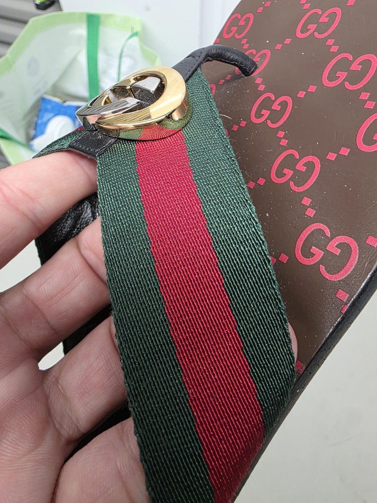 Gucci Web GG Monogram Thong Sandals, Women’s Size36, Brown Green Red, ITALY