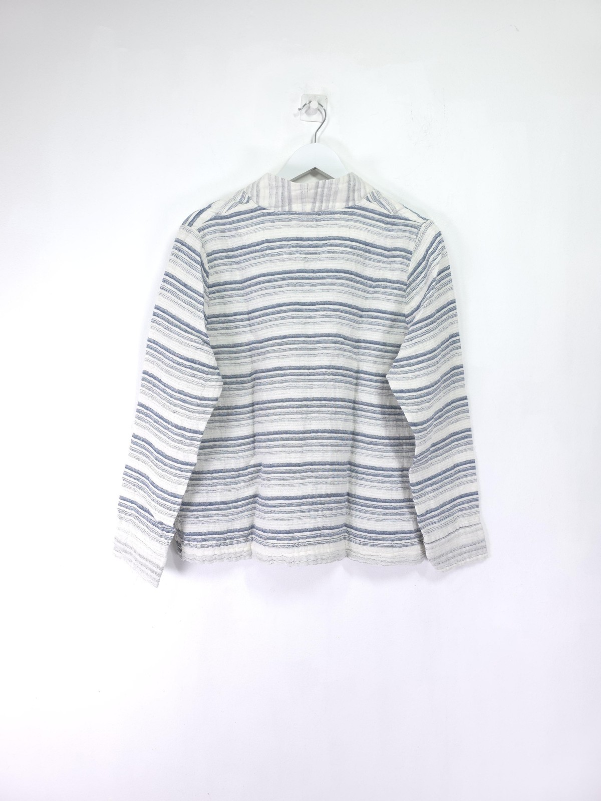 Sahara Jacket Large White Blue Stripe Linen Cotton Collared Lightweight Unlined
