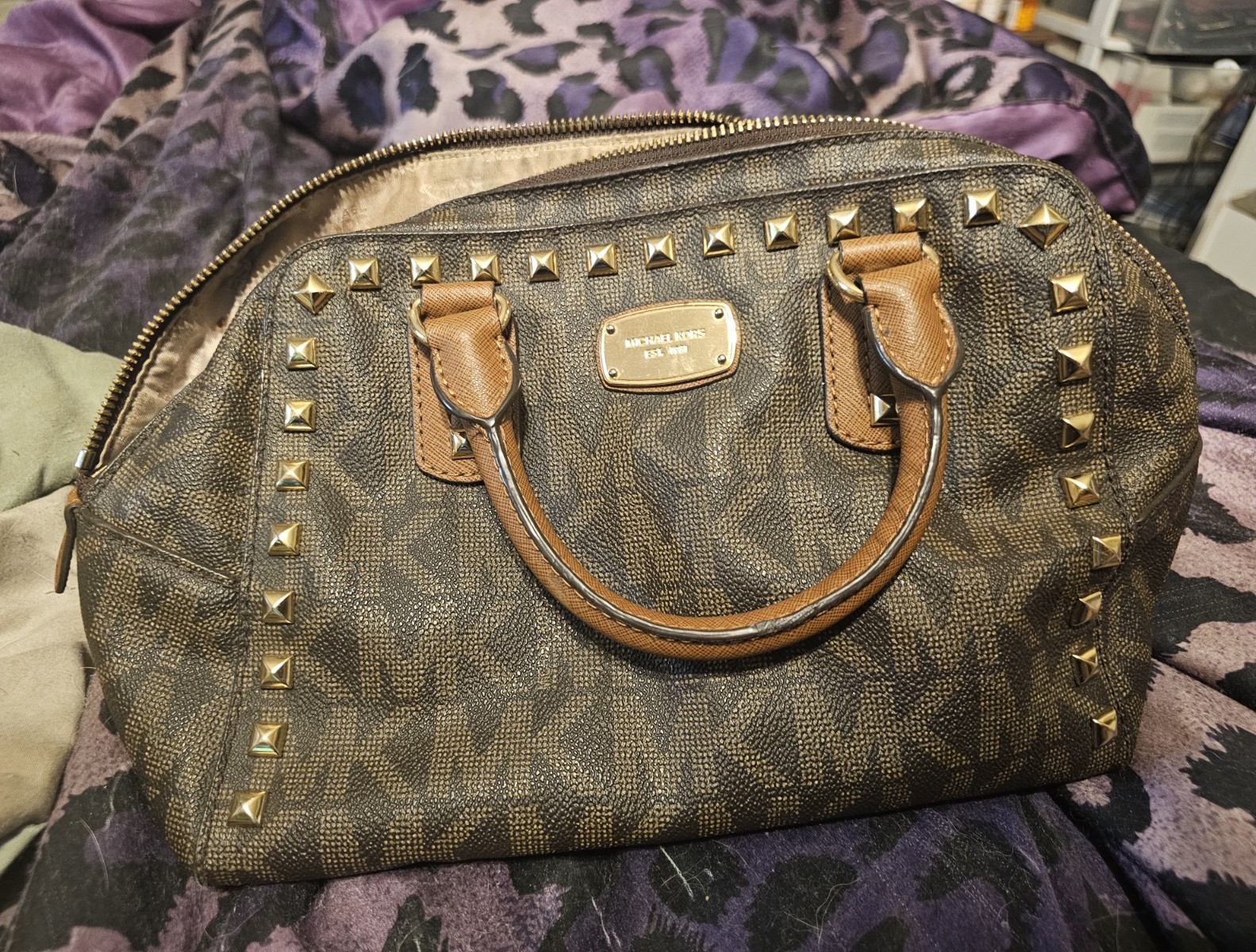 Michael Kors MK Logo Studded Satchel Top Handle Zip Gold Hardware and long strap