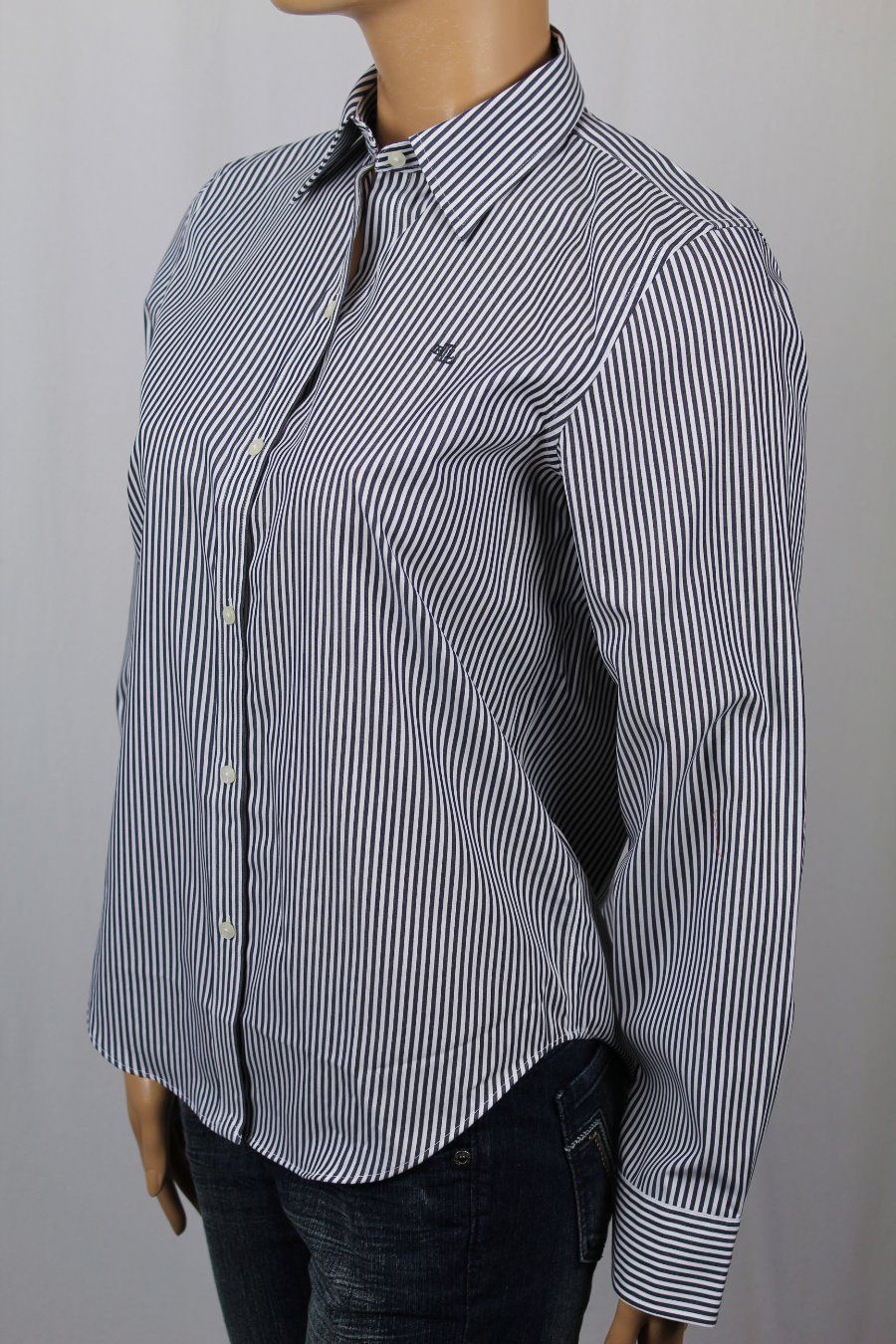 Ralph Lauren Blue Striped Classic Fit Blouse Shirt Spread Collar Non Iron NWT