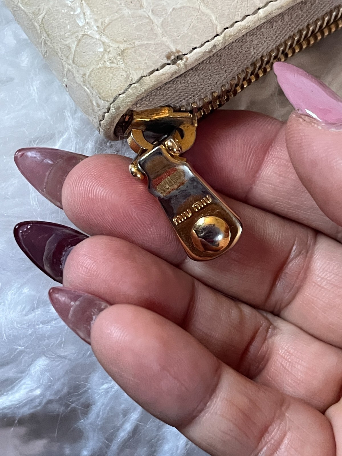 Miu Miu Beige Croc Embossed Zip Clutch Wallet